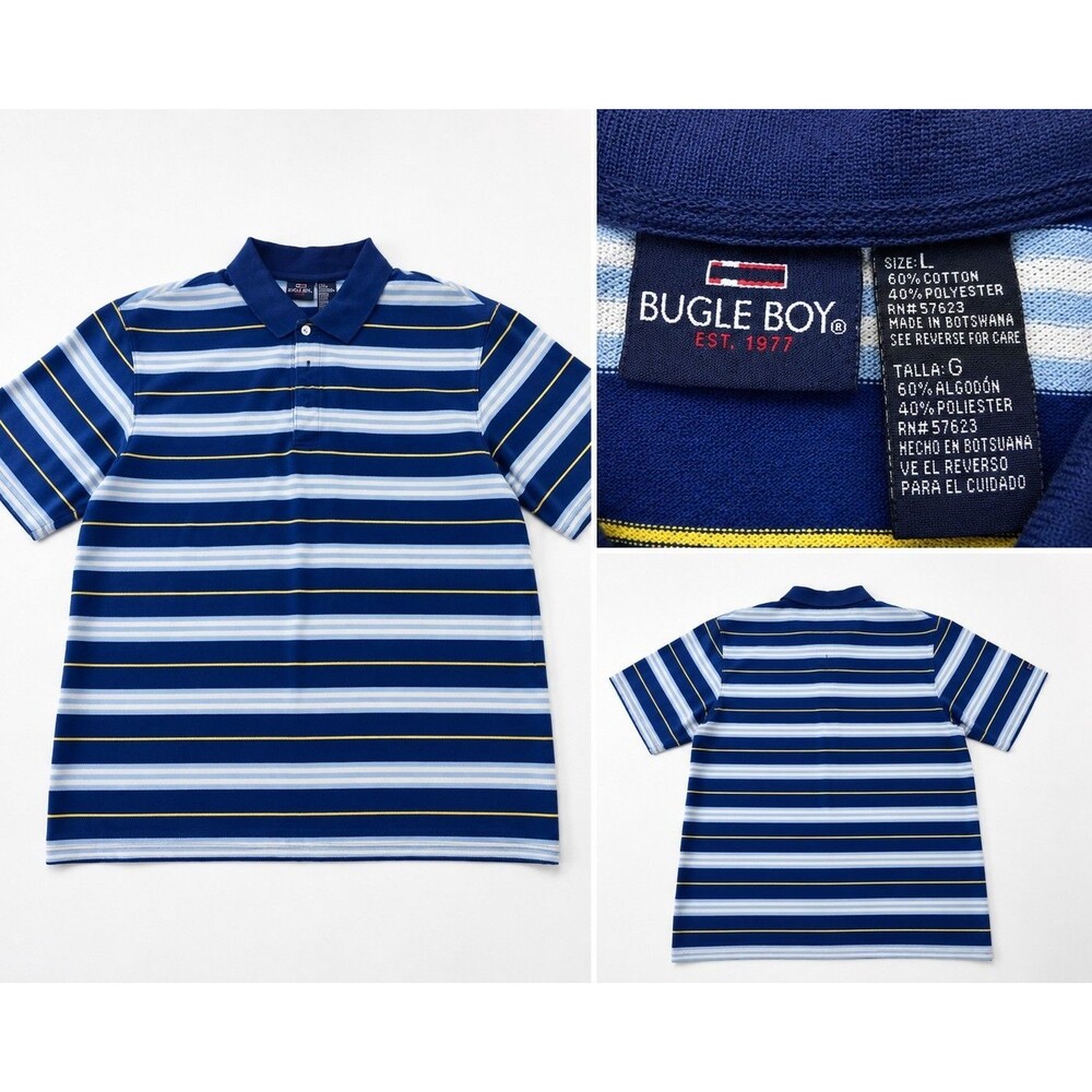 Bugle Boy Men's Polo Shirt Lot of 2 Size L Blue Striped Cotton Blend Casual